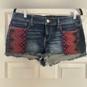 Express Embroidered Denim Shorts with red Aztec Accents, EUC, size 10